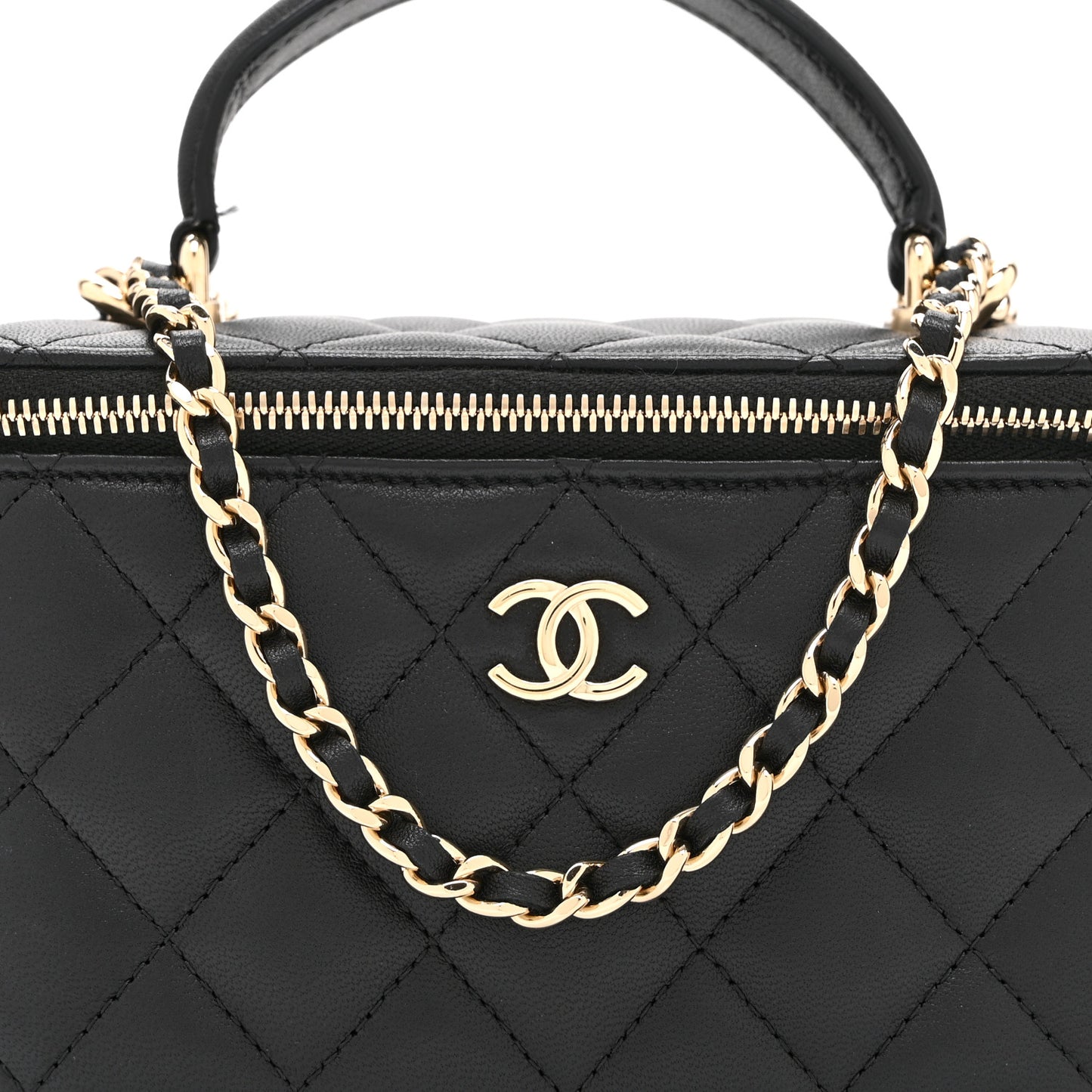 Lambskin Quilted Small Top Handle Vanity Case With Chain Black