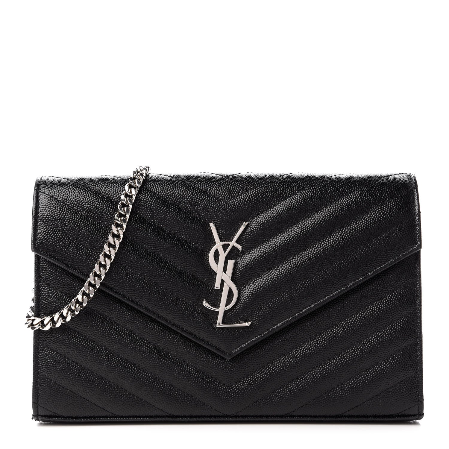 Saint Laurent Grain De Poudre Matelasse Chevron Monogram Chain Wallet Black 1 of 11
