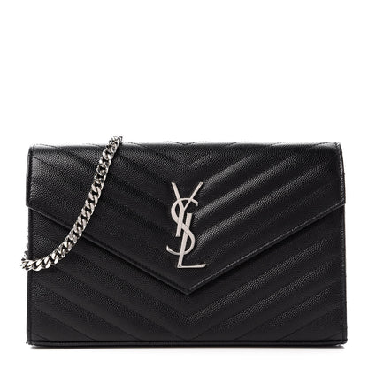 Saint Laurent Grain De Poudre Matelasse Chevron Monogram Chain Wallet Black 1 of 11