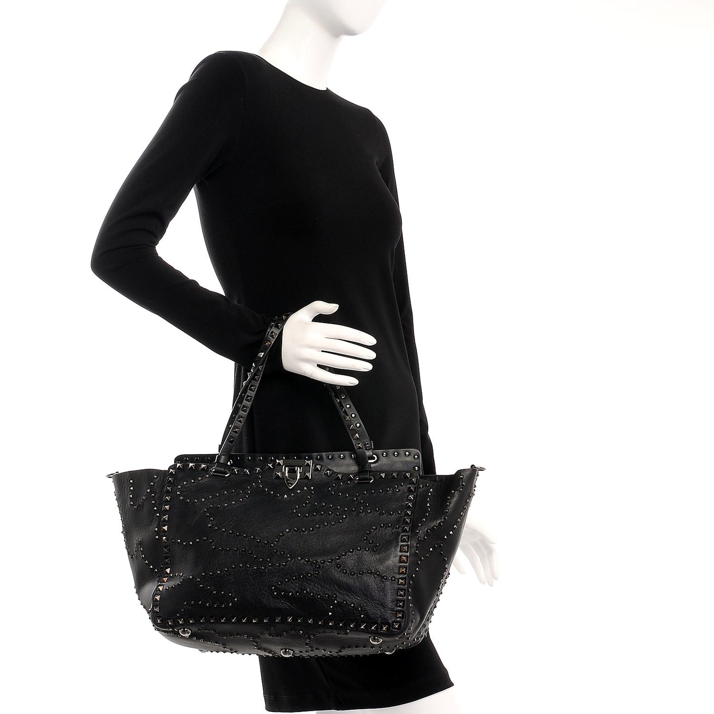 Vitello Studded Medium Rockstud Tote Black