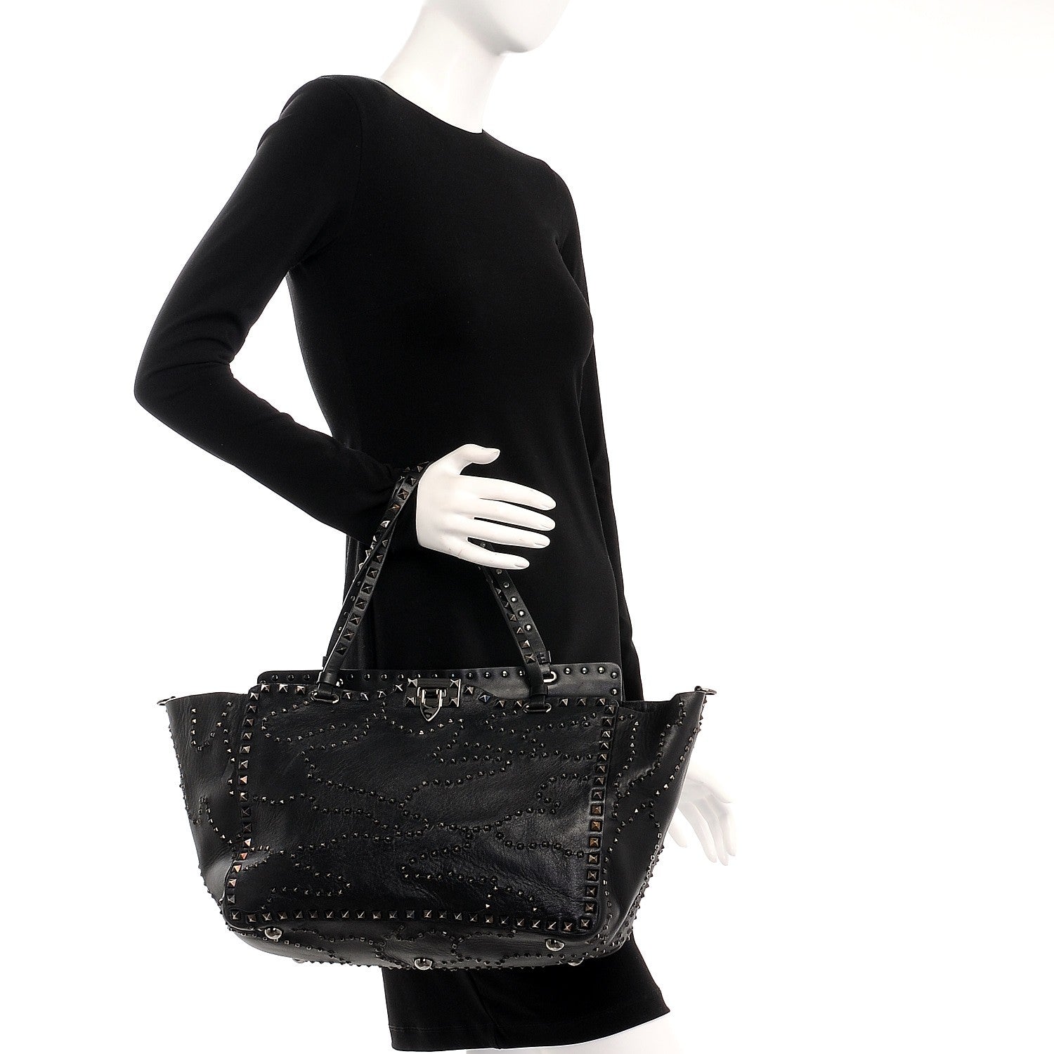 Valentino Garavani Vitello Studded Medium Rockstud Tote Black 3 of 8