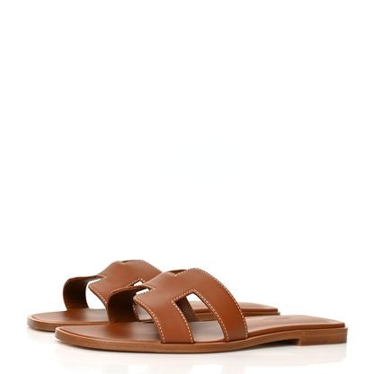 Hermes Box Calfskin Oran Sandals 38.5 Gold 3 of 9