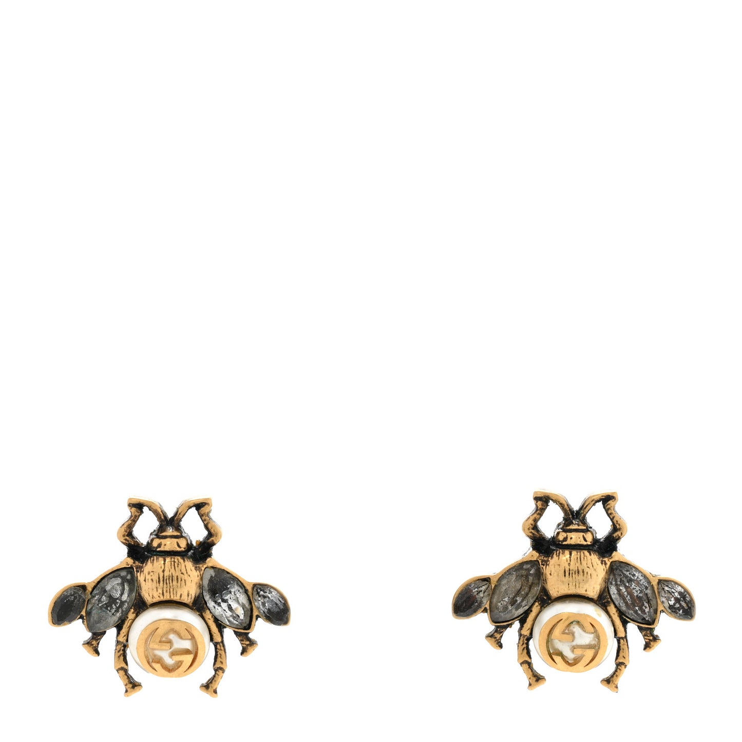 Crystal Pearl GG Bee Earrings Gold
