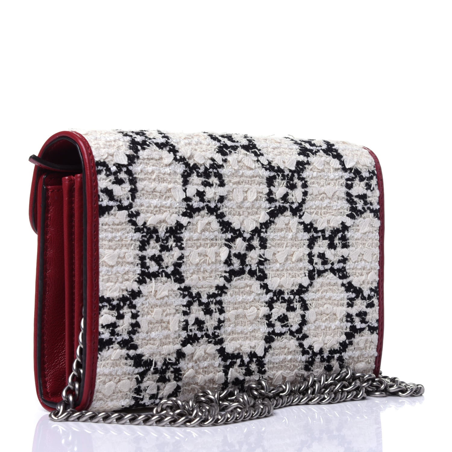 Gucci Tweed GG Monogram Mini Dionysus Chain Wallet White Black Romantic Cherry 3 of 12