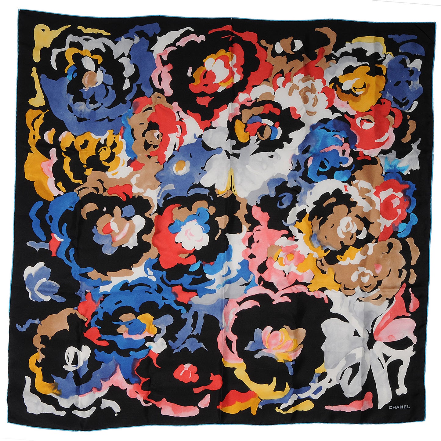Silk CC Watercolor Camellia Flower Scarf Black