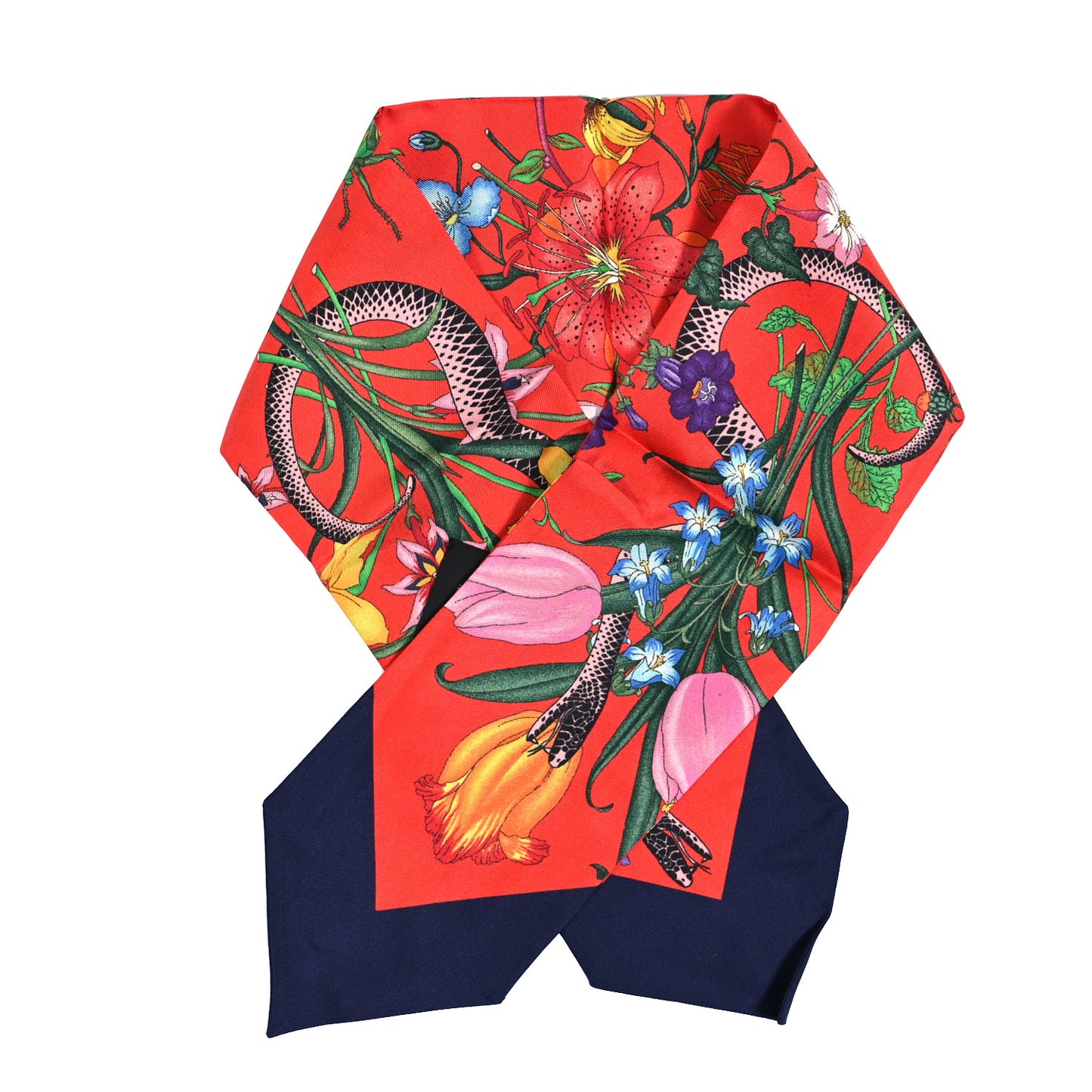 Silk Twill Flora Snake Neck Bow Scarf Red Blue