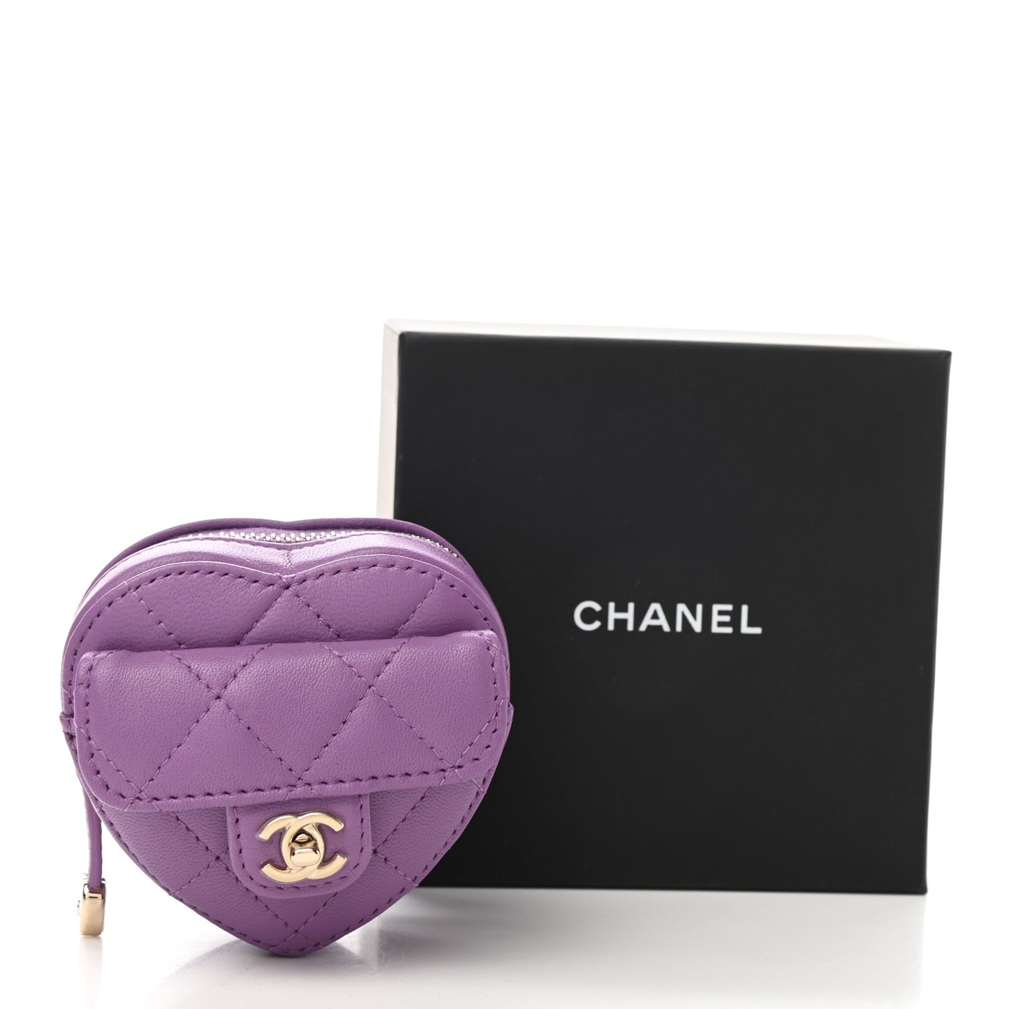 Lambskin Quilted CC In Love Heart Zipped Arm Coin Purse Purple