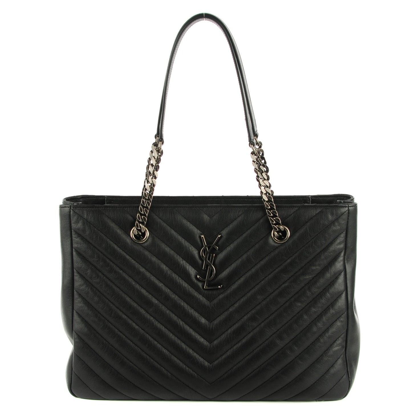 Sheepskin Matelasse Chevron Large Monogram Shopping Bag Black