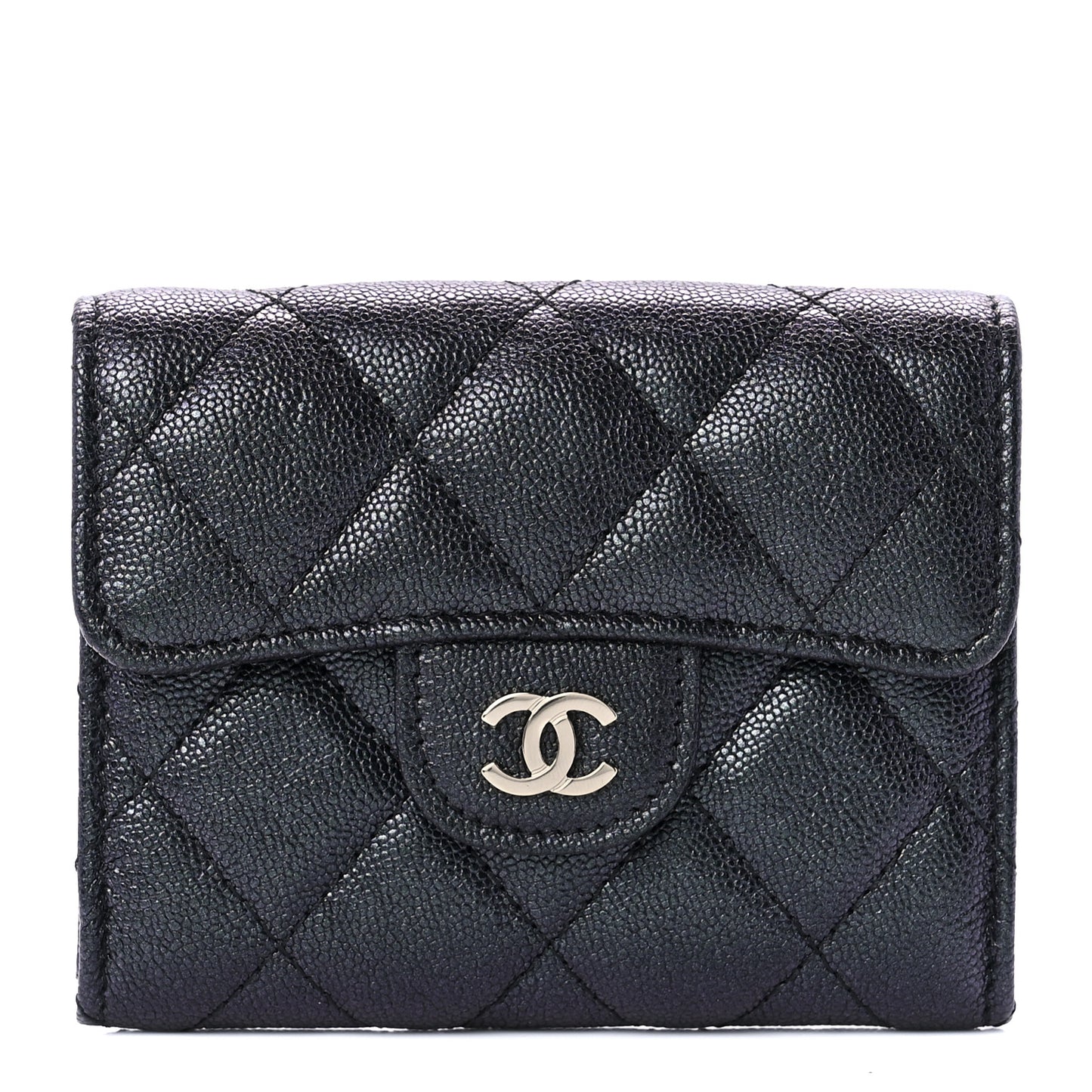 Iridescent Caviar Quilted Flap Card Holder Wallet Black