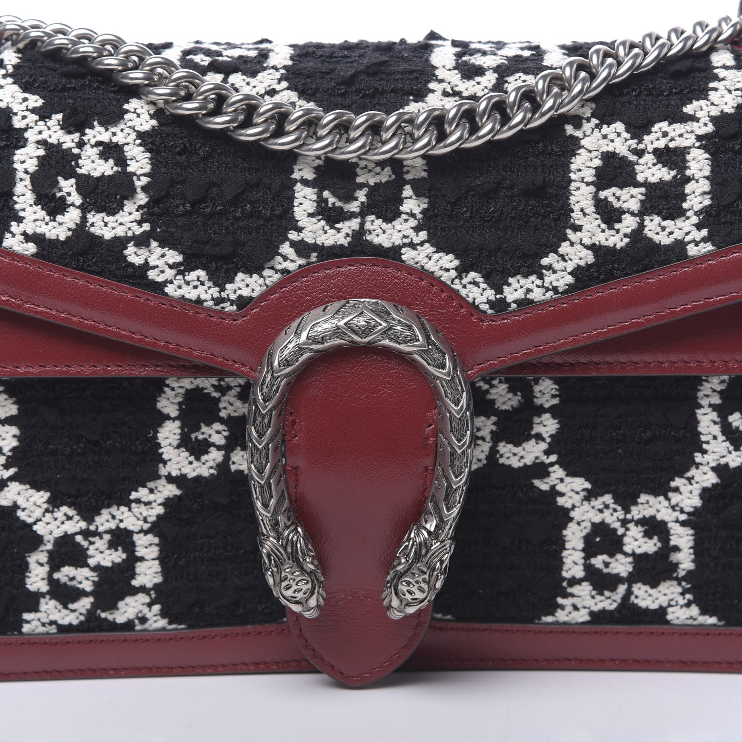 Gucci Tweed GG Monogram Small Dionysus Shoulder Bag Black White Romantic Cherry 10 of 11