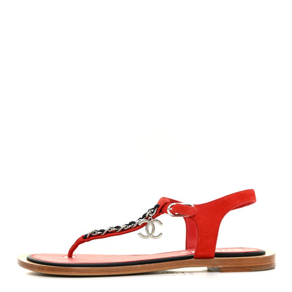 Chanel Suede Calfskin Chain CC Thong Sandals 36.5 Red 1 of 12