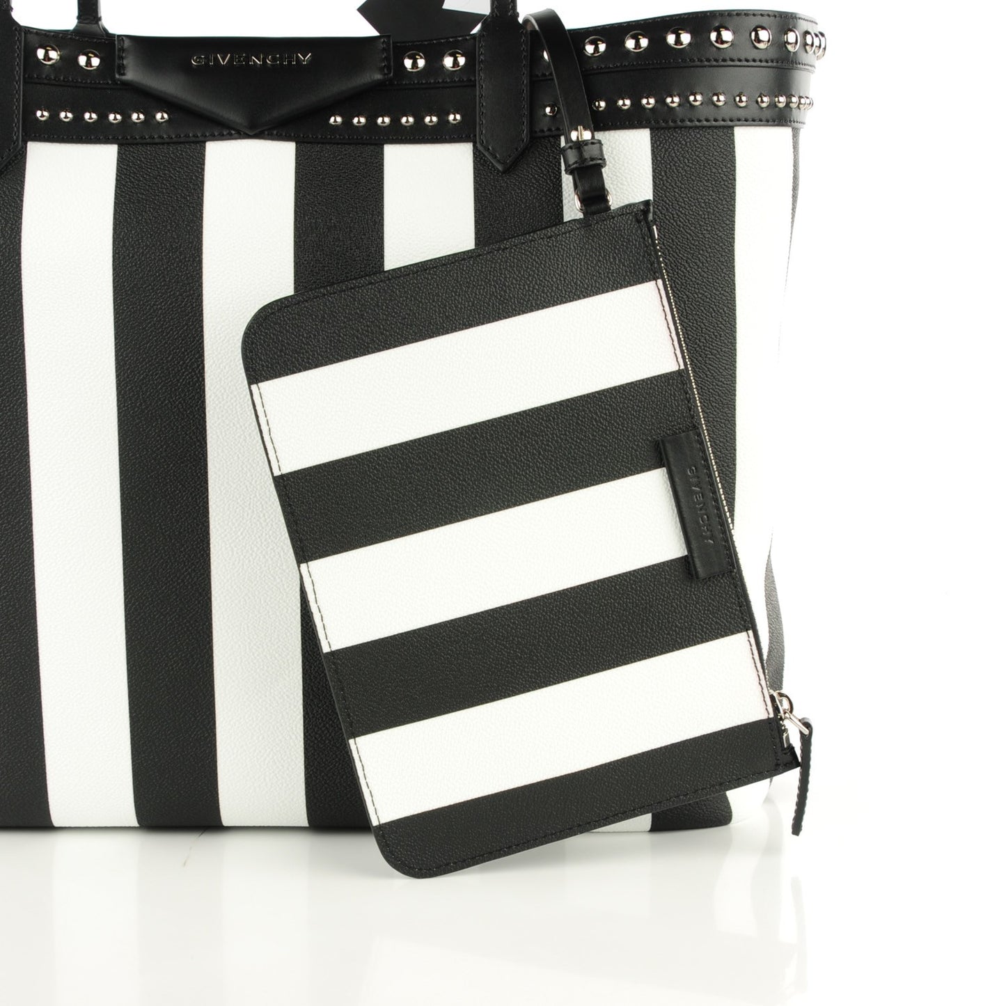 Coated Canvas Striped Large Antigona Tote Black White