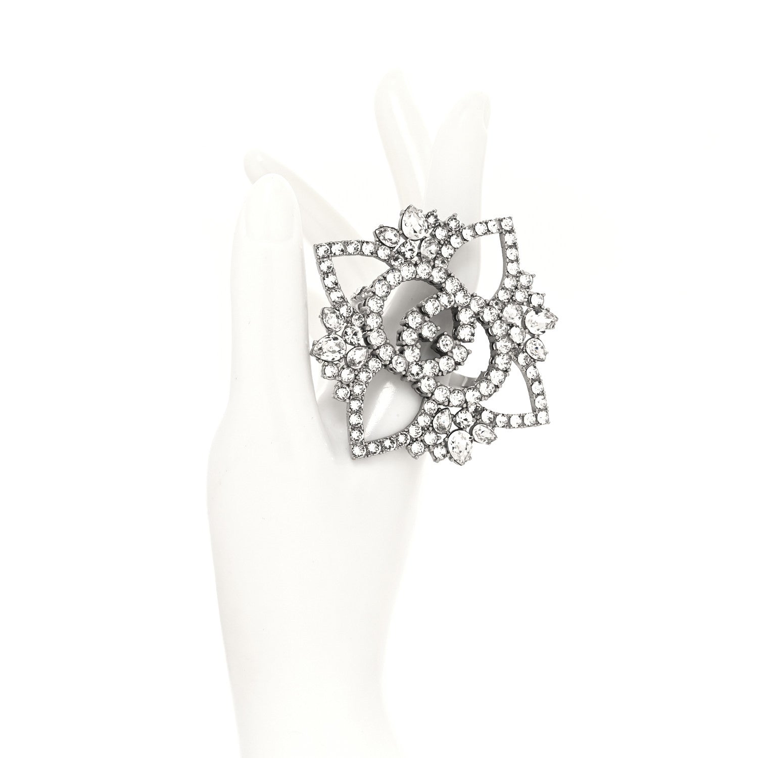 Gucci Metal Crystal Interlocking G Flower Ring M Silver 2 of 5