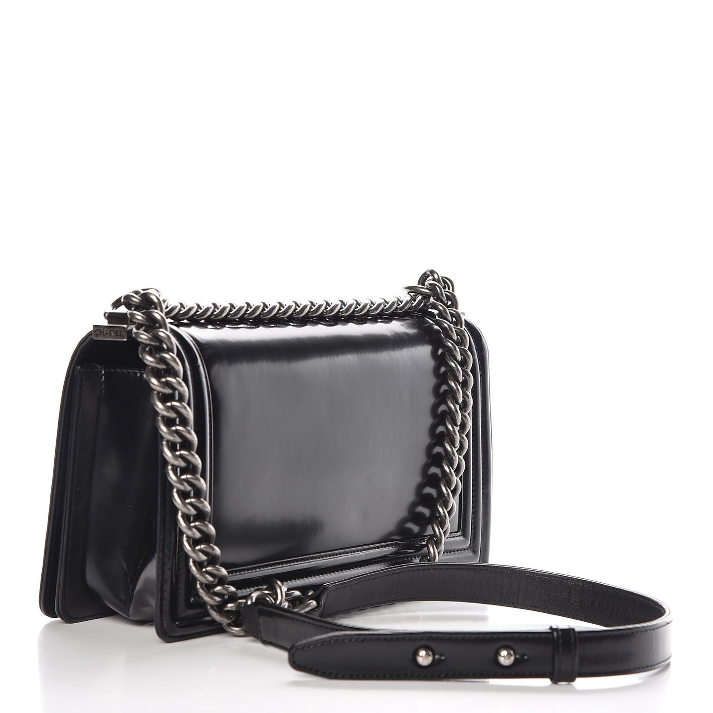 Glazed Calfskin Medium Boy Flap Black