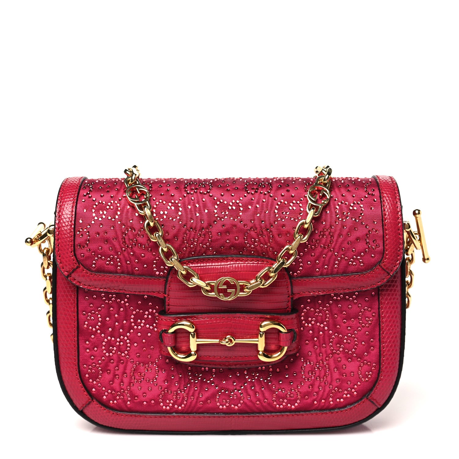 Gucci Canvas Calfskin Crystal GG Monogram Snakeskin Mini Horsebit 1955 Shoulder Bag Pink 1 of 11