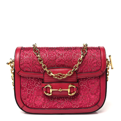 Gucci Canvas Calfskin Crystal GG Monogram Snakeskin Mini Horsebit 1955 Shoulder Bag Pink 1 of 11