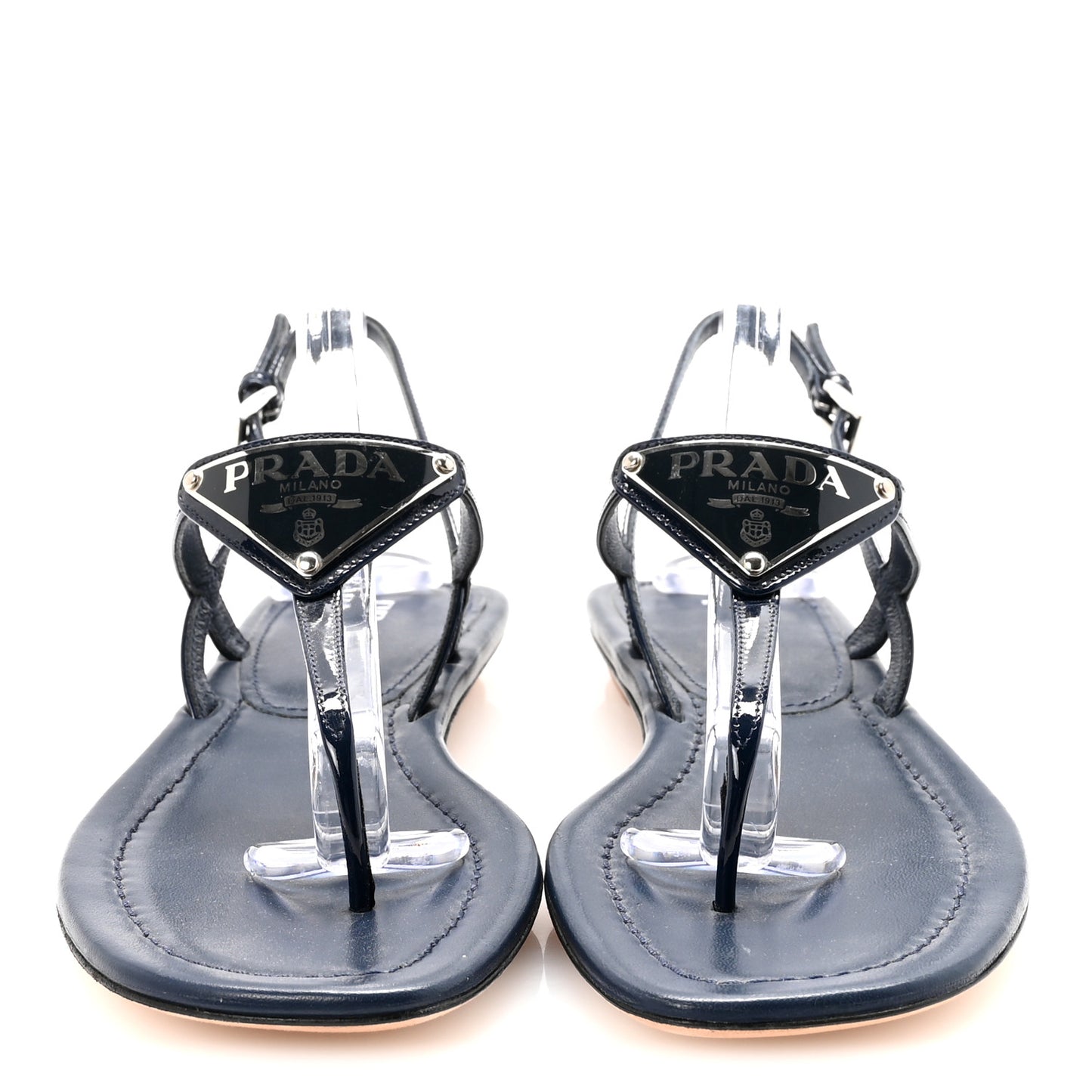 Vernice Metal Triangle Logo Slingback Flat Thong Sandals 38 Navy