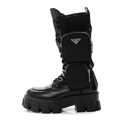 Prada Spazzolato Rois Re-Nylon Metal Triangle Logo Monolith Pouch Pocket 55mm Tall Combat Boots 39 Black 1 of 9