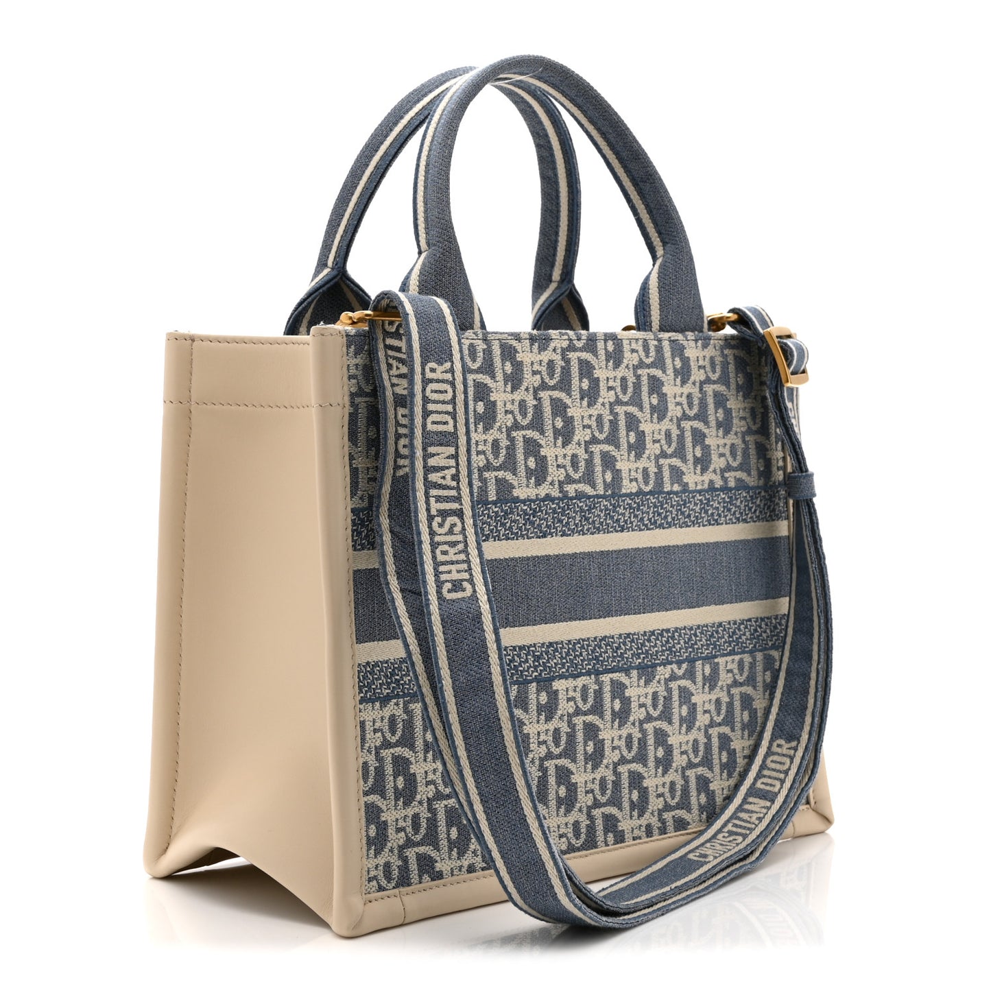 Oblique Chambray Calfskin Small Book Tote With Strap Blue Latte