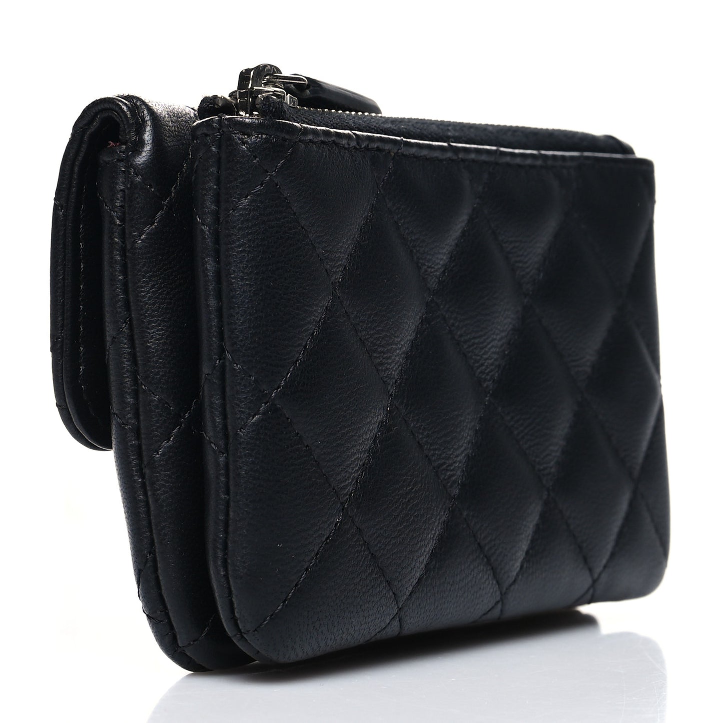 Lambskin Quilted Zip Card Holder Black