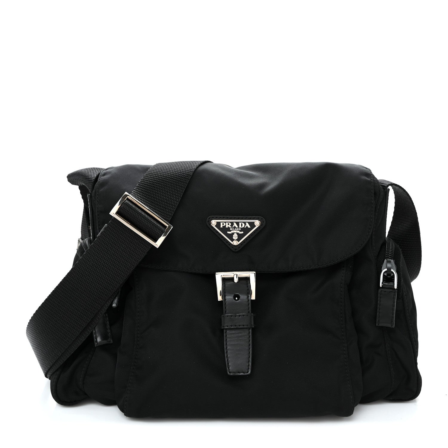 Prada Nylon Vela Saffiano Single Buckle Messenger Shoulder Bag Black 1 of 10