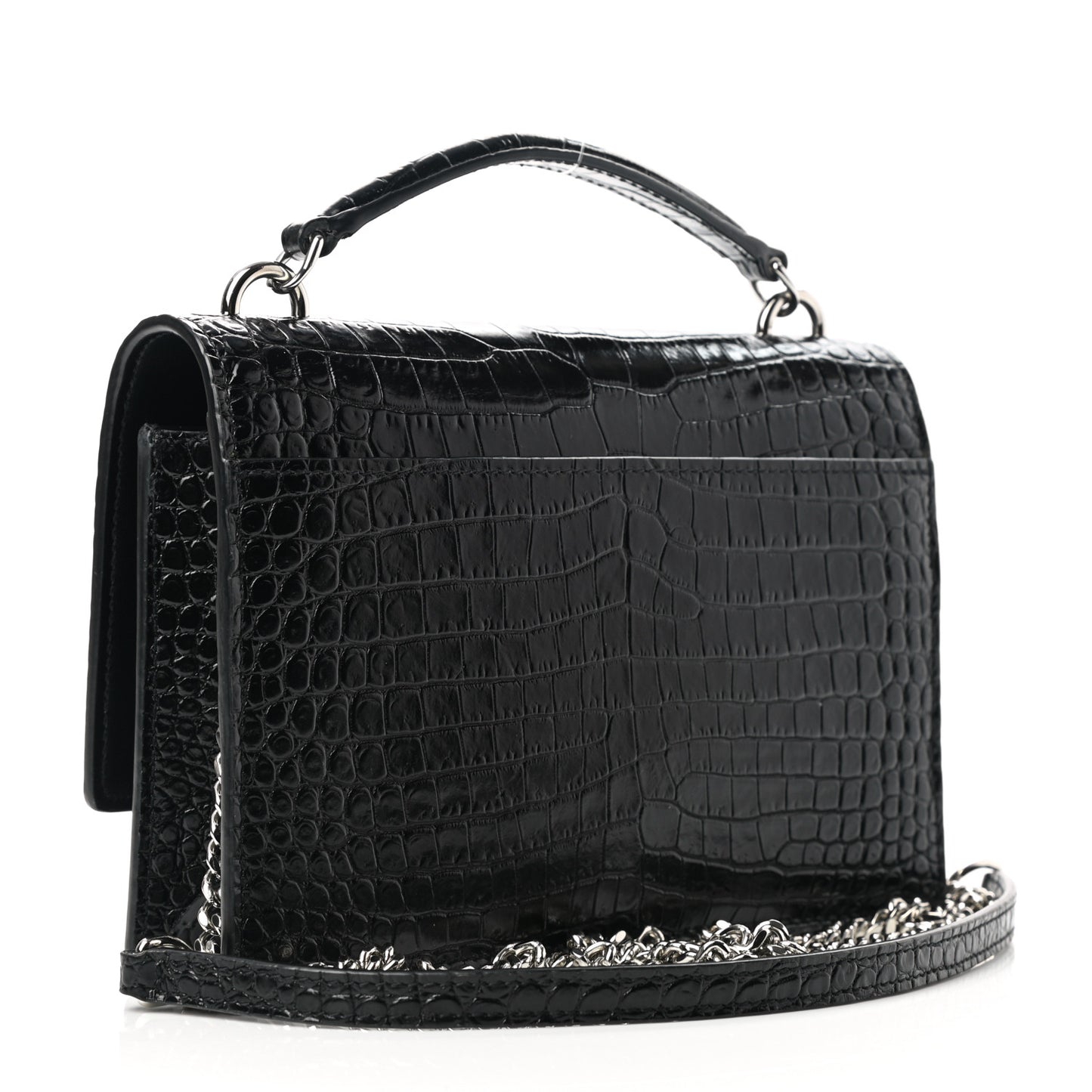 Calfskin Crocodile Embossed Monogram Sunset Top Handle Chain Wallet Black
