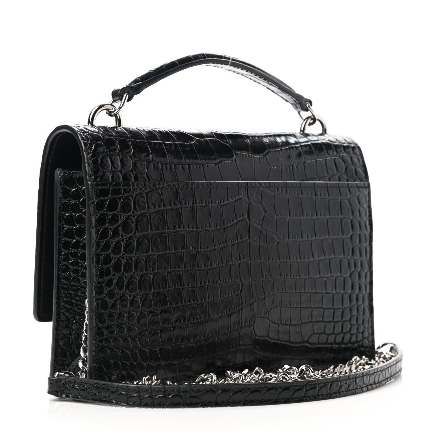 Saint Laurent Calfskin Crocodile Embossed Monogram Sunset Top Handle Chain Wallet Black 3 of 9