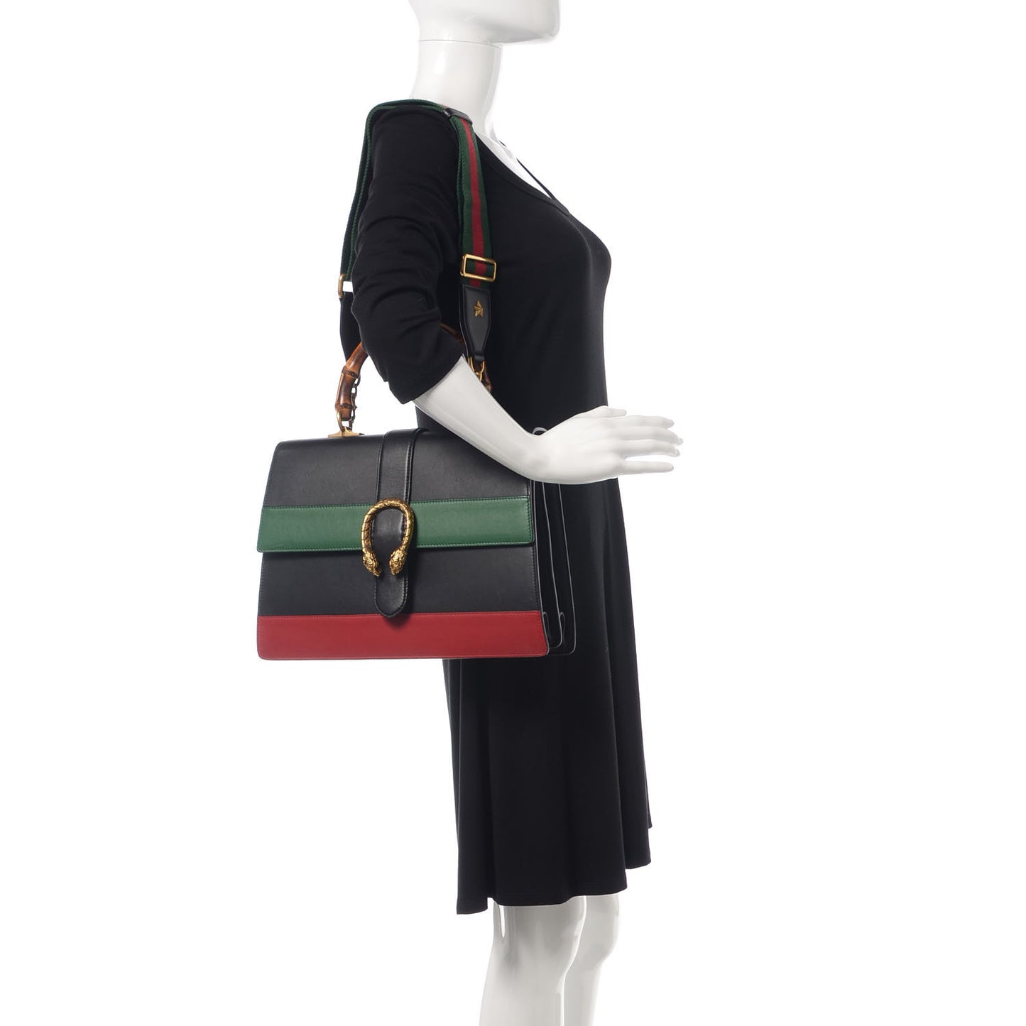 Calfskin Bamboo Web Large Dionysus Top Handle Bag Black Bright Evergreen Hibiscus Red