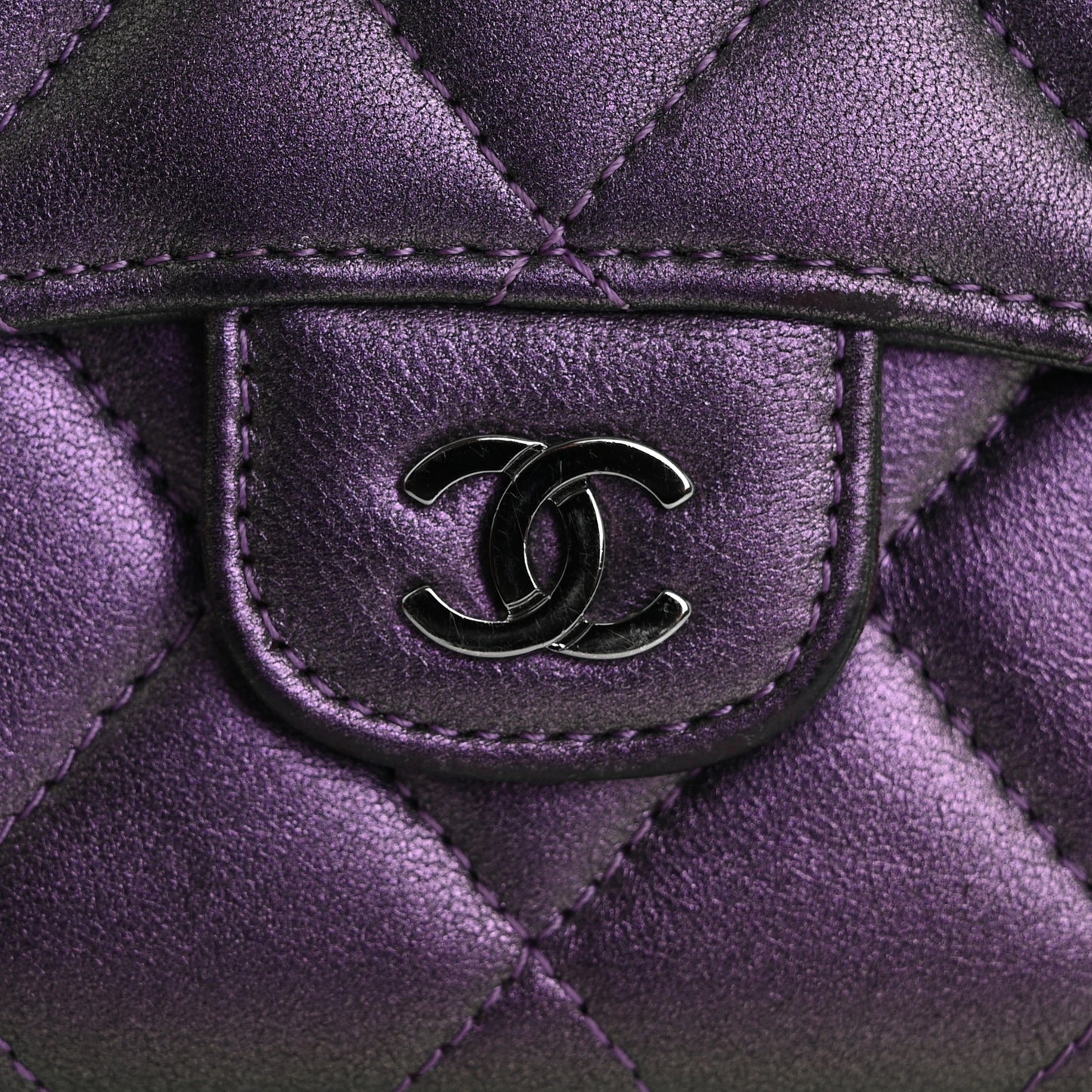 Iridescent Lambskin Quilted Large Gusset Flap Wallet Purple
