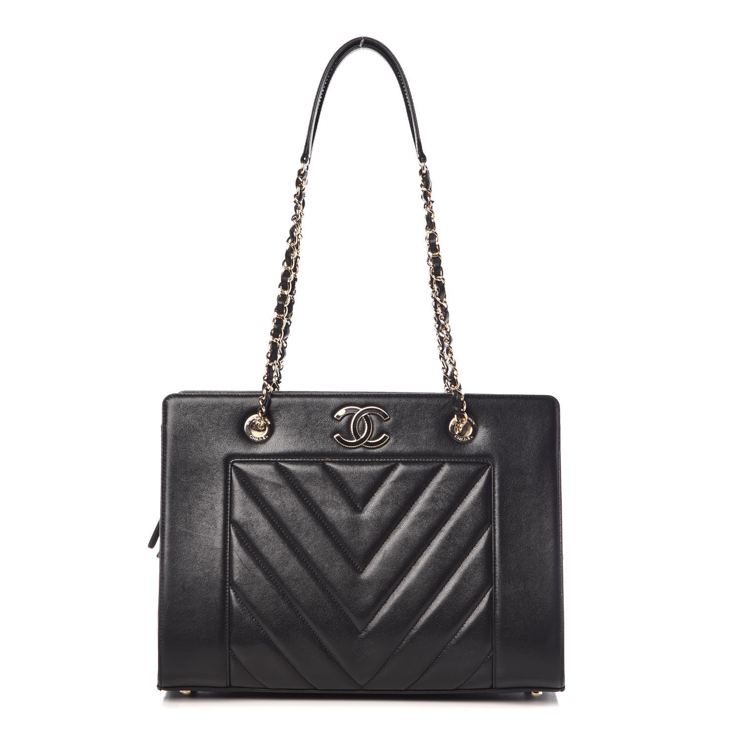 Chanel Sheepskin Chevron Quilted Mademoiselle Vintage Shopping Tote Black 1 of 14
