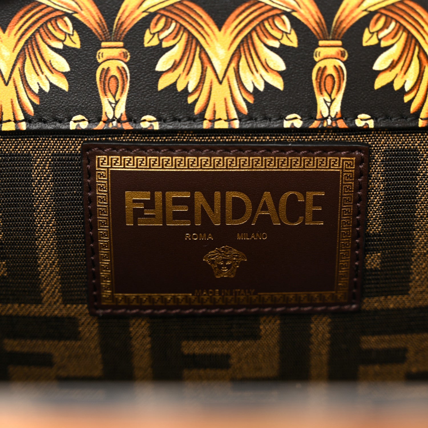 Fendi X VERSACE Calfskin Plexiglass Fendace FF Baroque Print Medium Fendi Sunshine Shopper Tote Black Gold 7 of 10