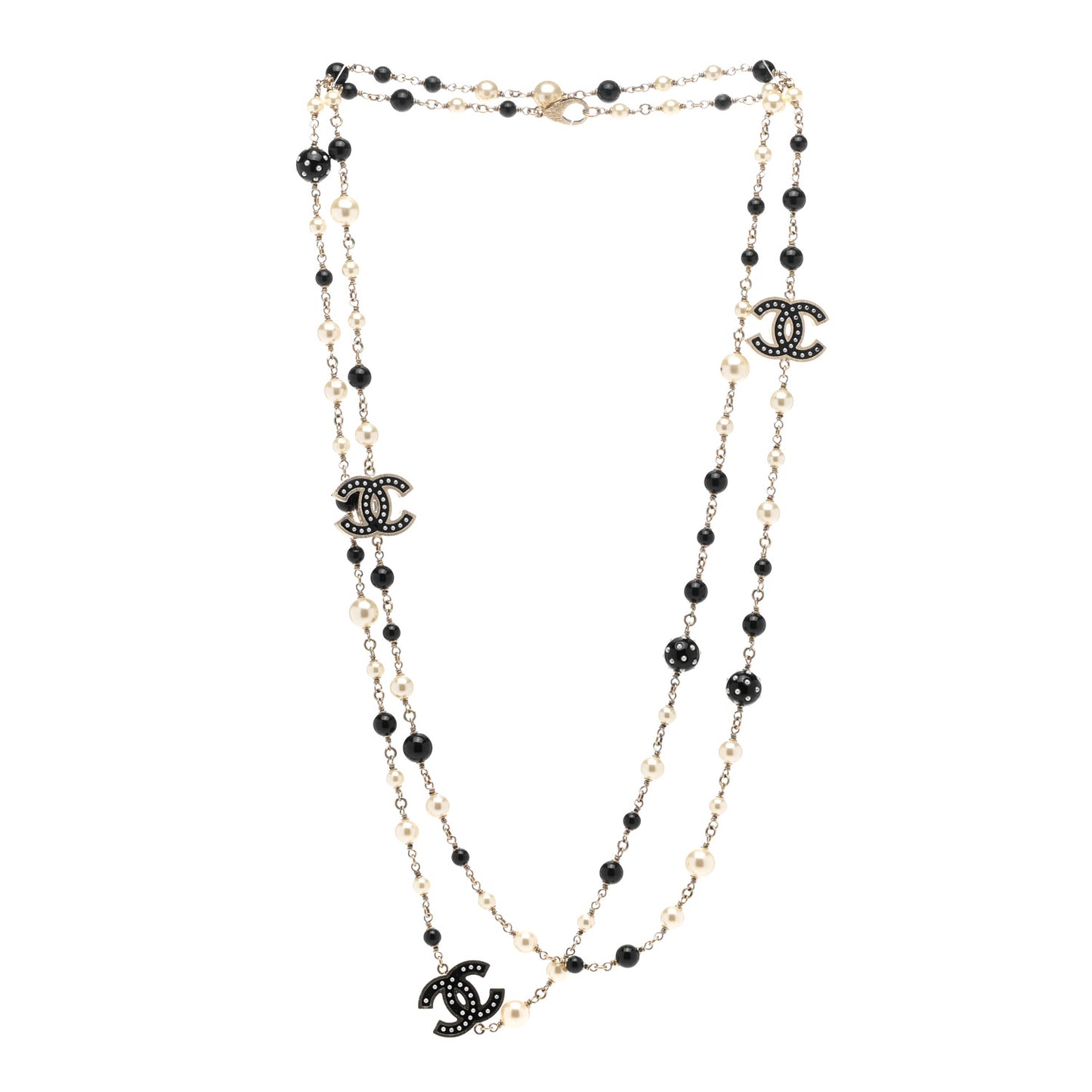 Pearl Beaded Crystal CC Long Necklace Black Silver