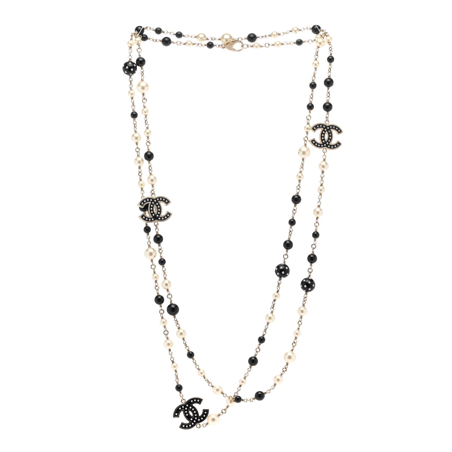 Chanel Pearl Beaded Crystal CC Long Necklace Black Silver 3 of 7
