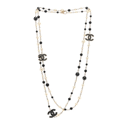 Chanel Pearl Beaded Crystal CC Long Necklace Black Silver 3 of 7