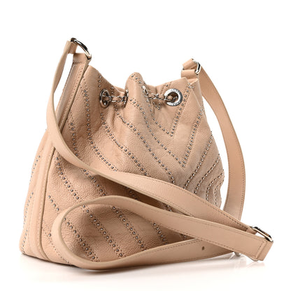 Chanel Metallic Calfskin Studded Chevron Quilted Small Stud Wars Drawstring Bag Beige 3 of 10
