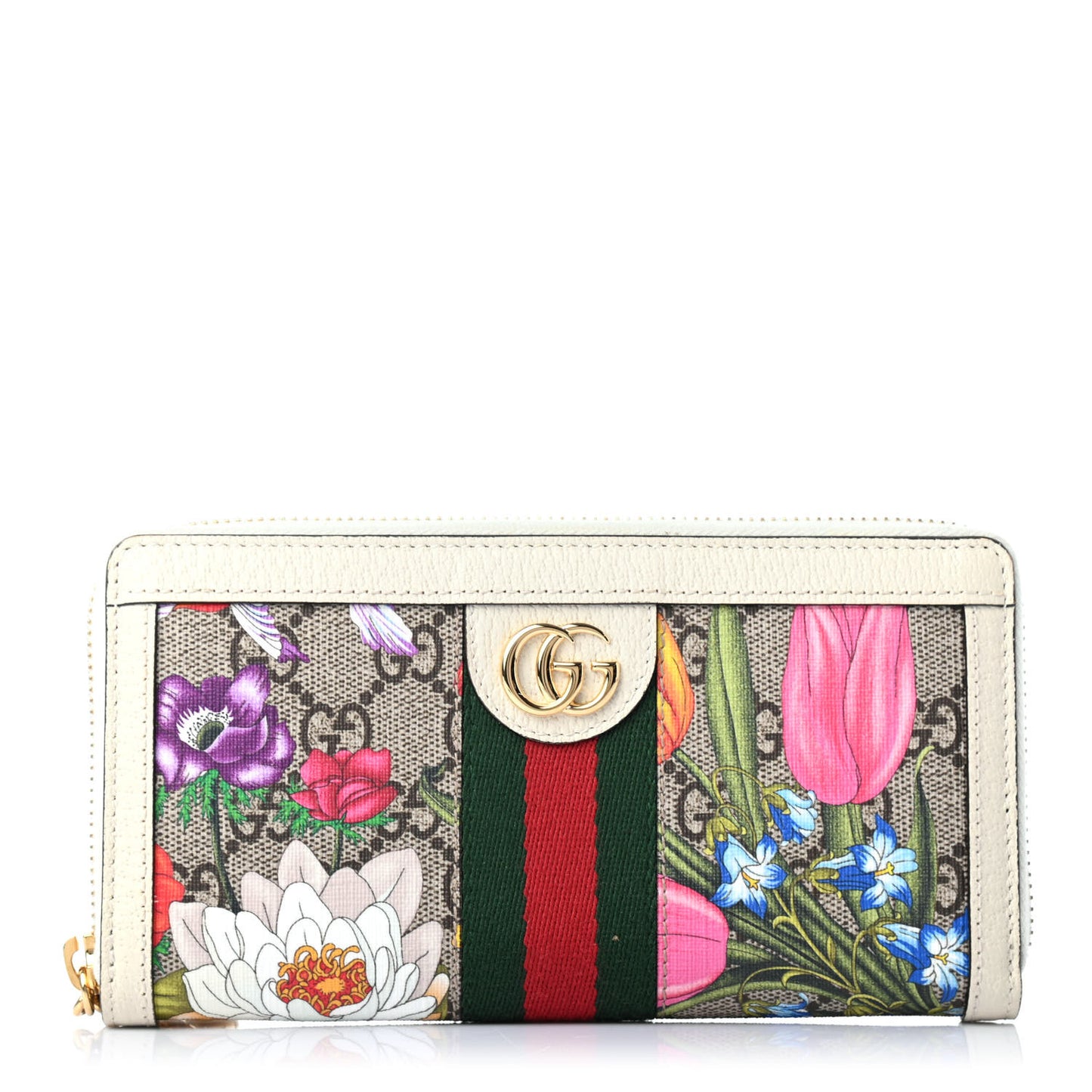 GG Supreme Monogram Flora Ophidia Zip Around Wallet White