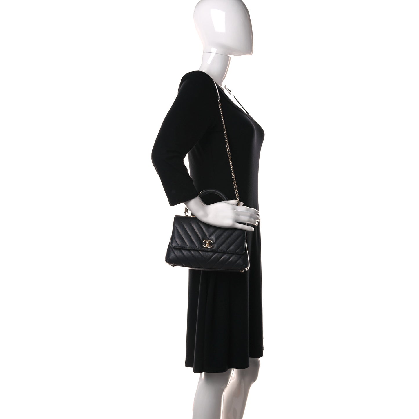 Caviar Chevron Quilted Mini Coco Handle Flap Dark Grey