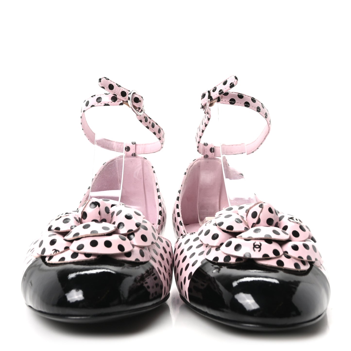 Lambskin Patent Calfskin Cap Toe Polka Dot Camellia Mary Jane Flats 36 Pink Black