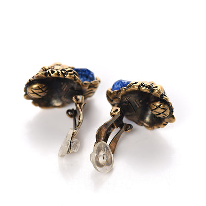 Gucci Metal Crystal Lion Clip On Earrings Aged Gold Blue 3 of 5