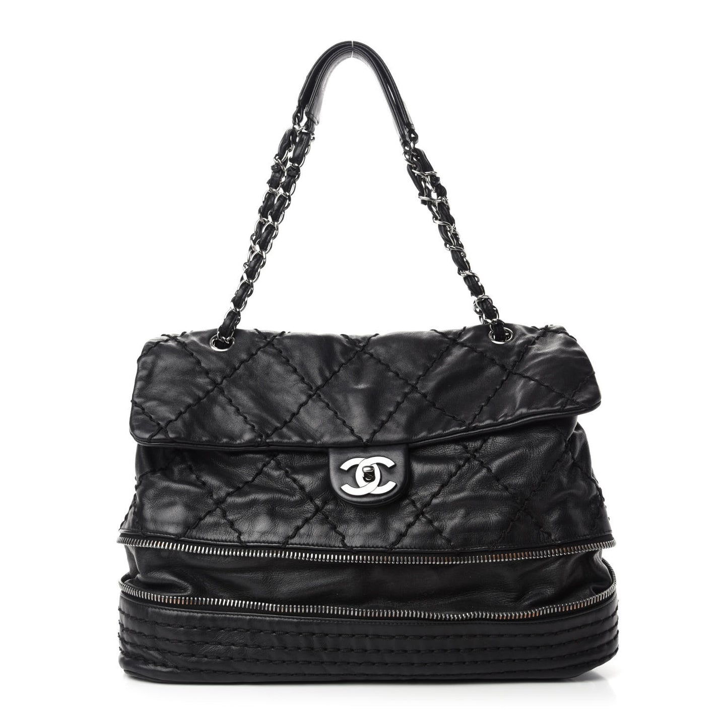 Calfskin Stitched Large Expandable Flap Bag Black