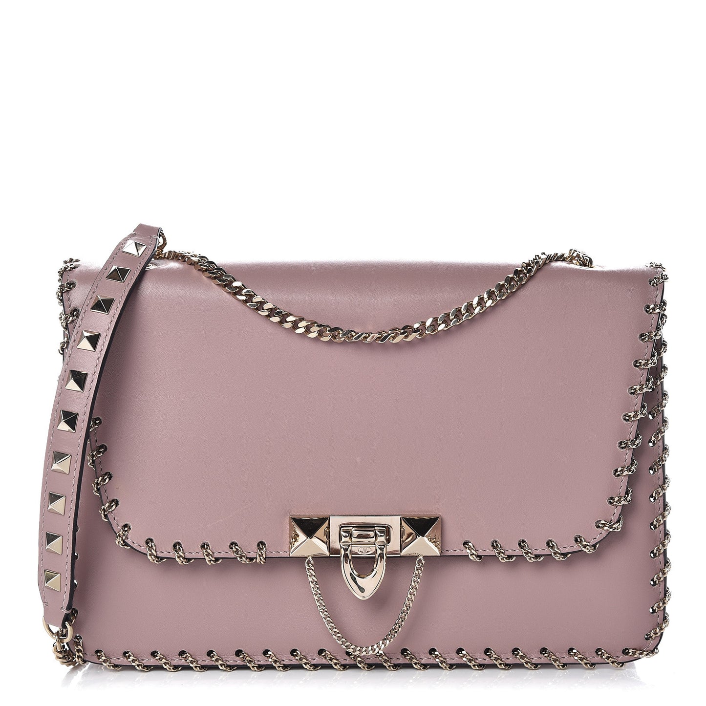 Vitello Groumette Small Rockstud Demilune Shoulder Bag Lipstick