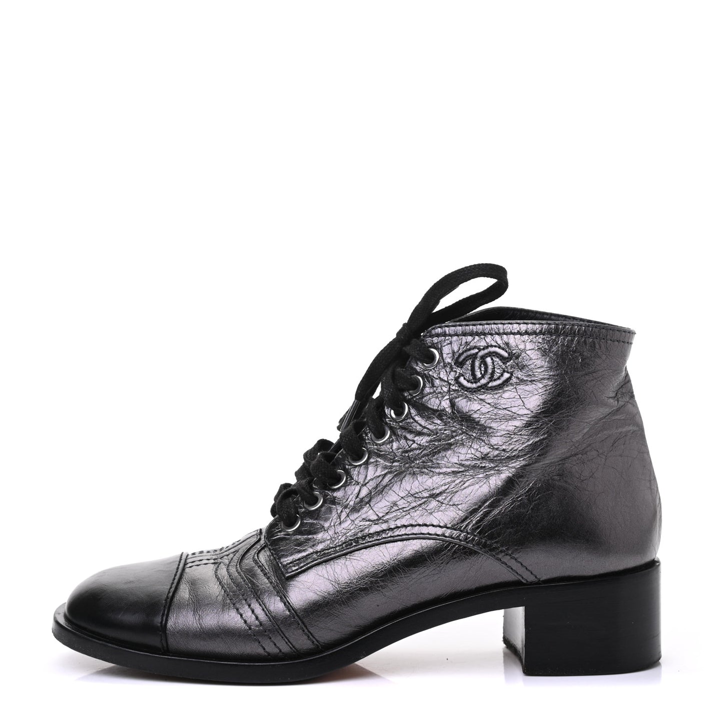 Metallic Calfskin CC Lace Up Boots 39.5 Silver Black