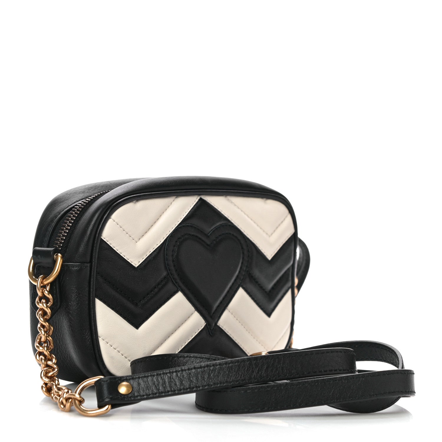 Gucci Calfskin Matelasse Mini GG Marmont Chain Shoulder Bag Black White 3 of 12