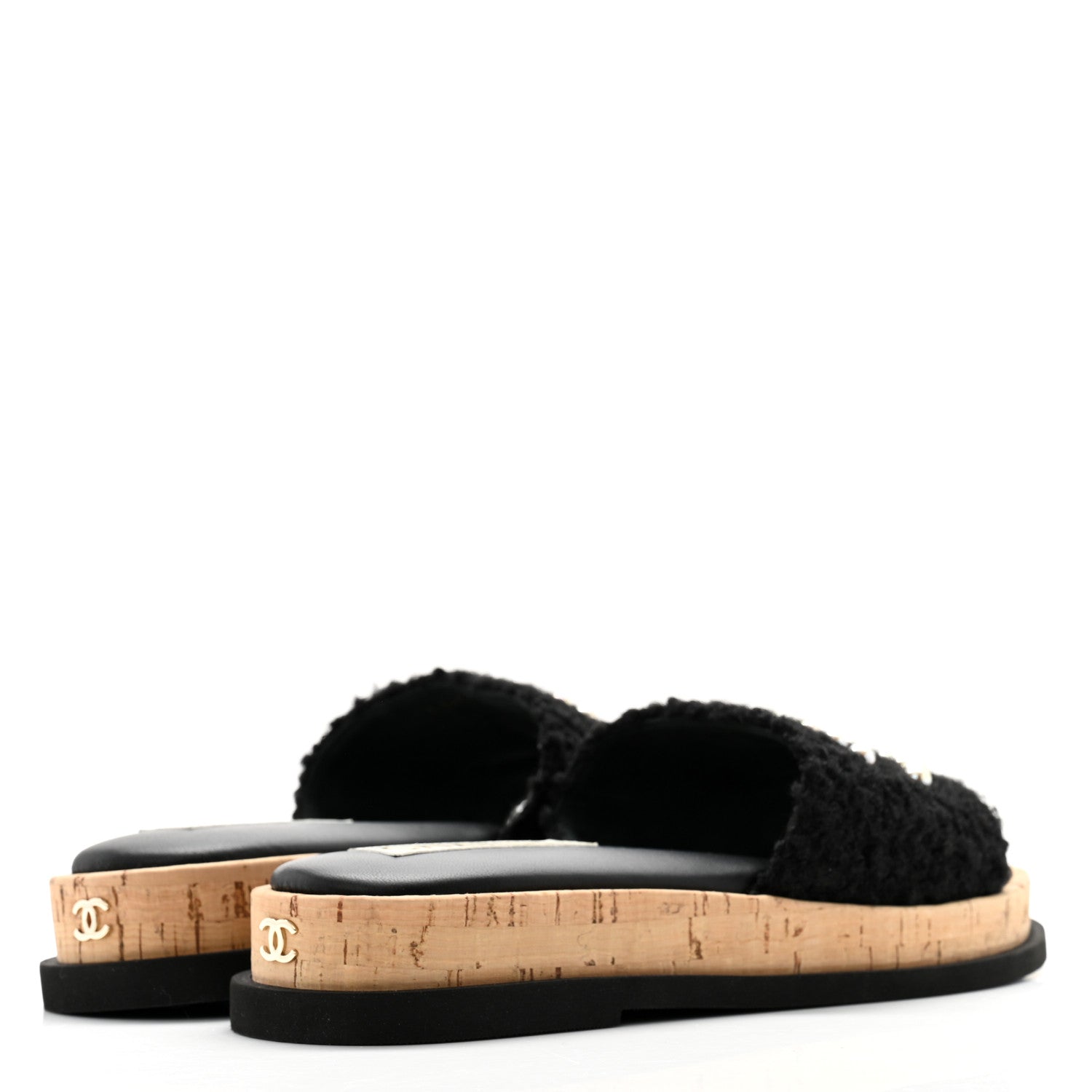 Chanel Fabric Pearl Cork CC Slip On Sandals 38 Black 4 of 9