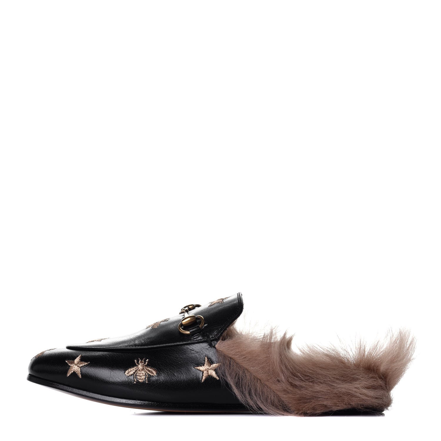 Gucci Goatskin Fur Bee Star Embroidered Womens Princetown Slippers 38.5 Black 1 of 8