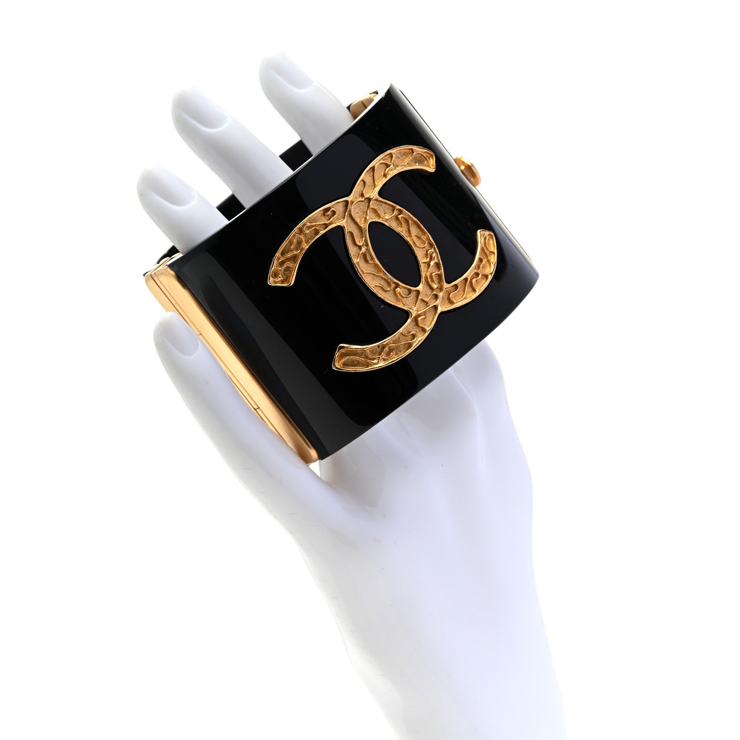 Chanel Resin CC Paris Button Cuff Bracelet Black Gold 2 of 5