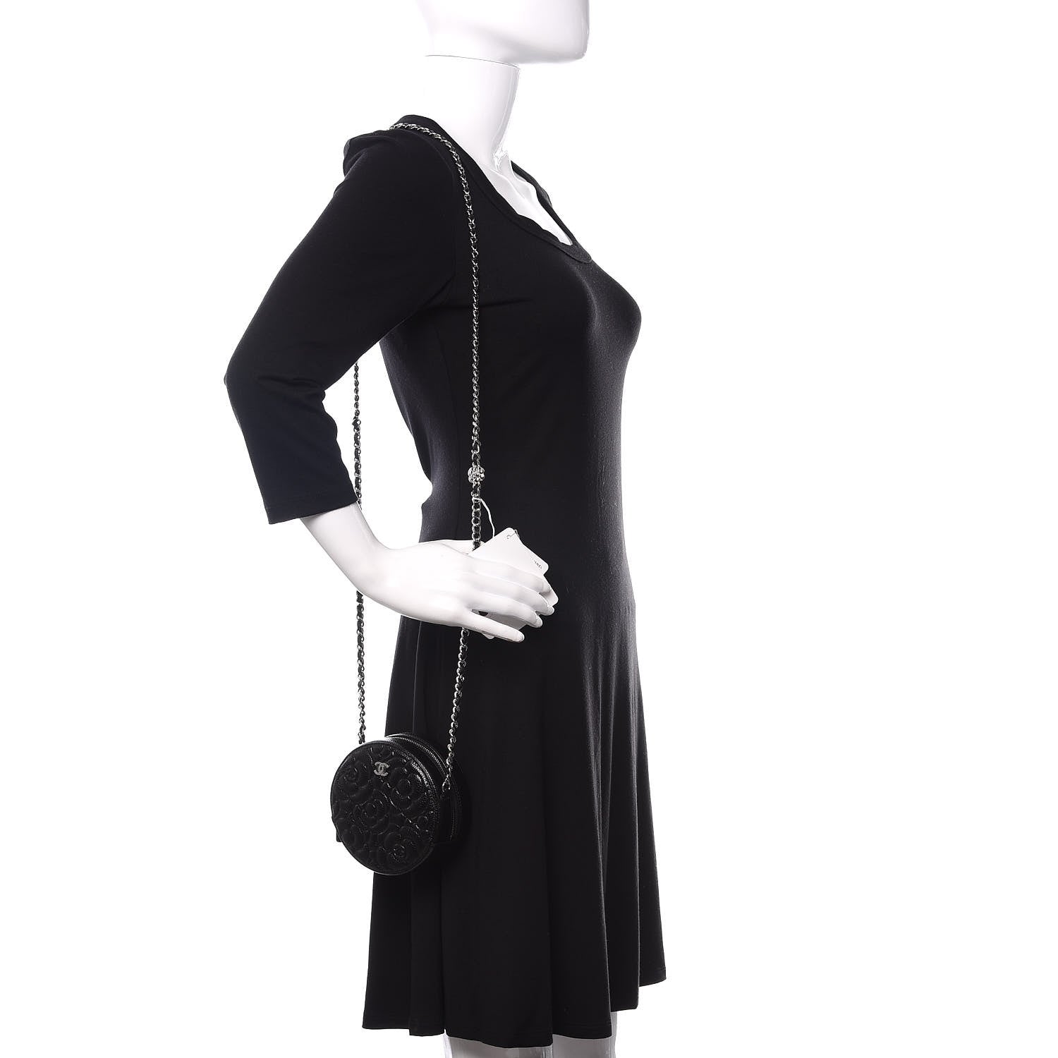 Chanel Caviar Camellia Embossed Round Clutch With Chain Black 2 of 11