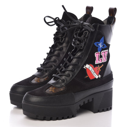 Louis Vuitton Suede Calfskin Monogram LV Black Heart Laureate Platform Desert Boots 37 Black 4 of 10
