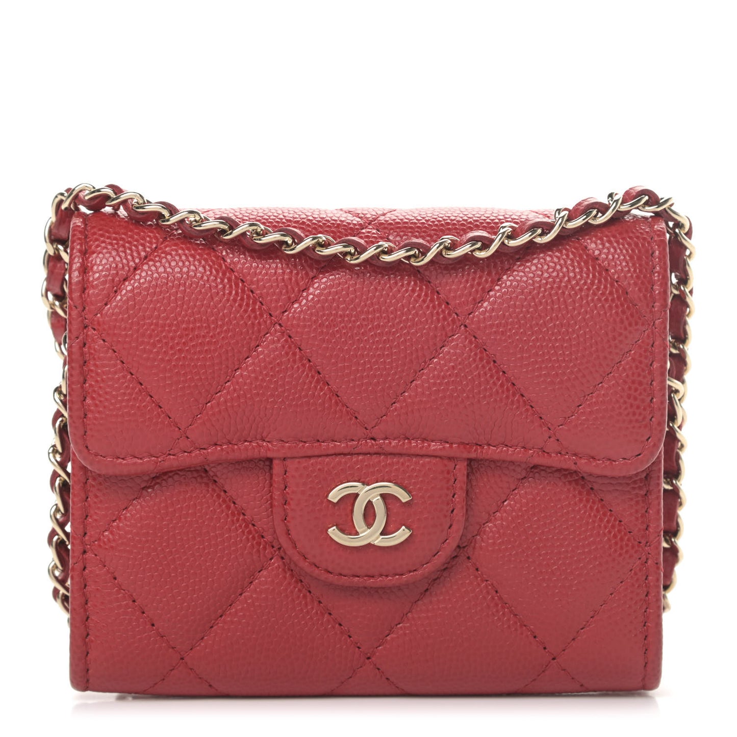 Caviar Quilted Flap Card Holder On Chain Red