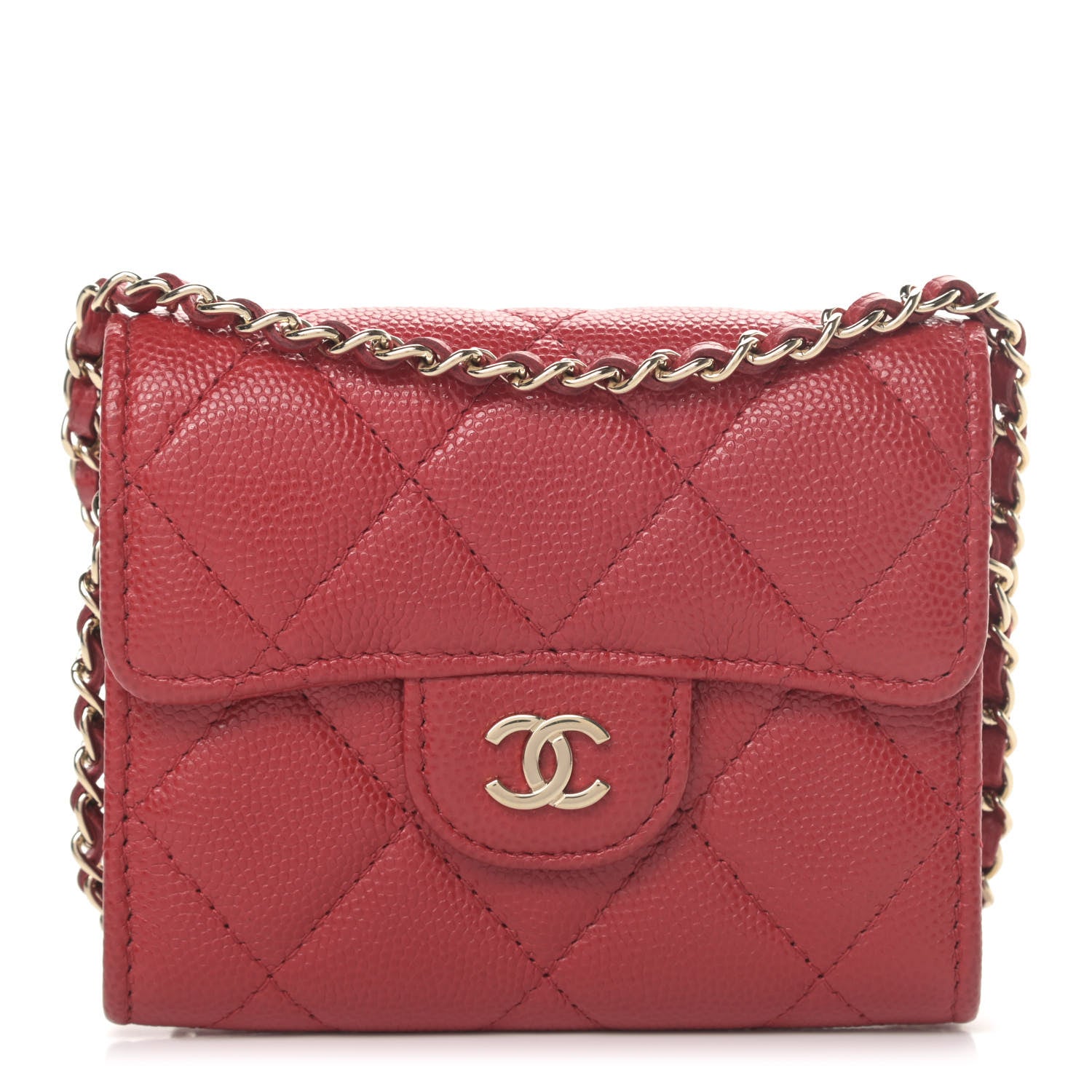 Chanel Caviar Quilted Flap Card Holder On Chain Red 1 of 5